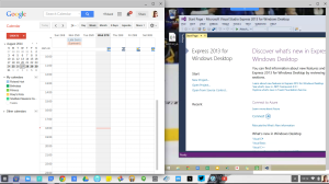 Google Calendar on the left of my Chrome OS Desktop, while Google Remote Desktop is on the right with Visual Studio running in Windows 8.1 Pro